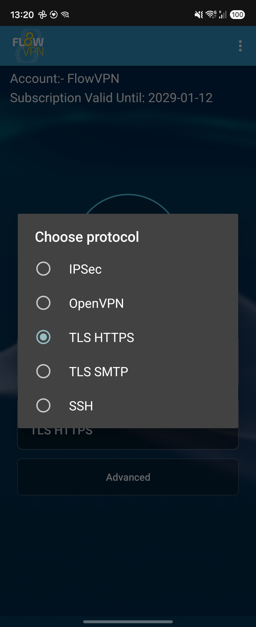 FlowVPN Android choose protocol dialog showing IPSec, TLS HTTPS, TLS SMTP and SSH